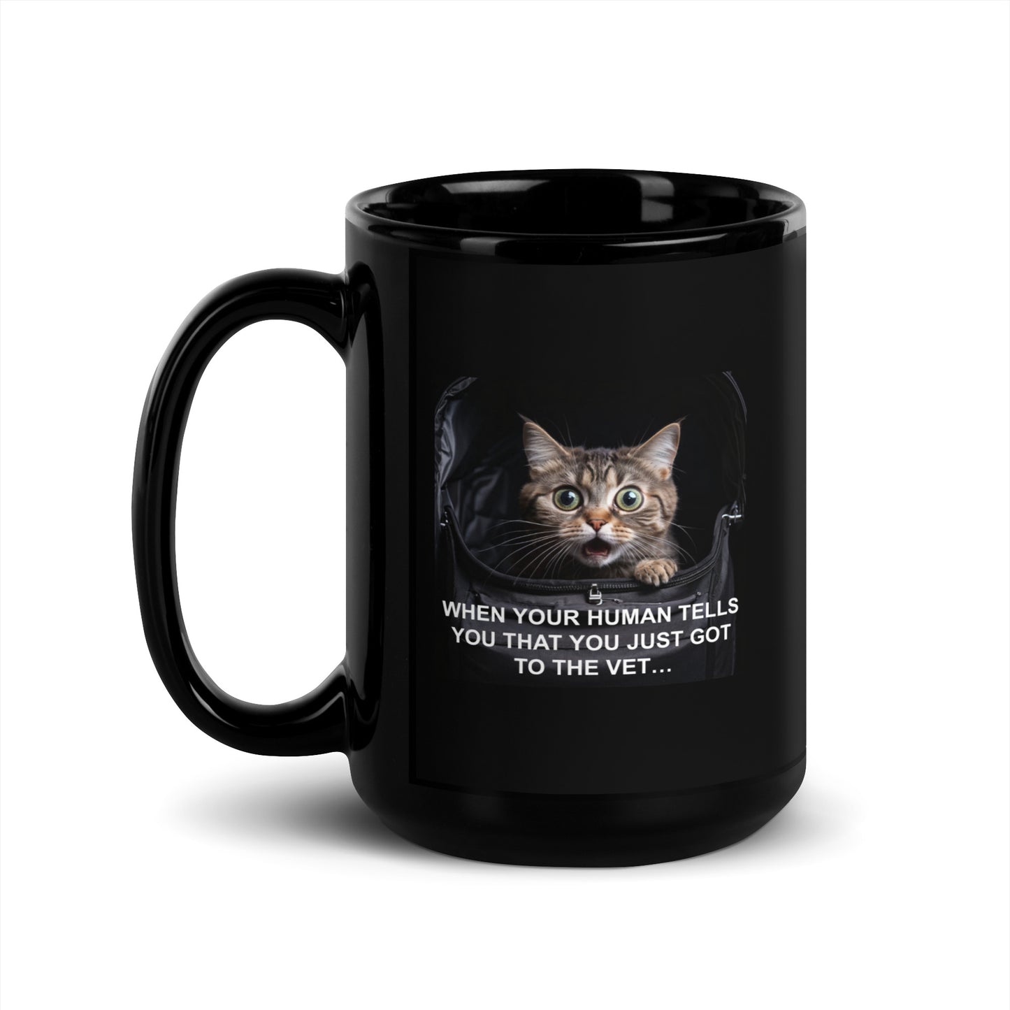 A black glossy mug with a cat meme about going to the vet. The handle is to the left - no background - 15 oz