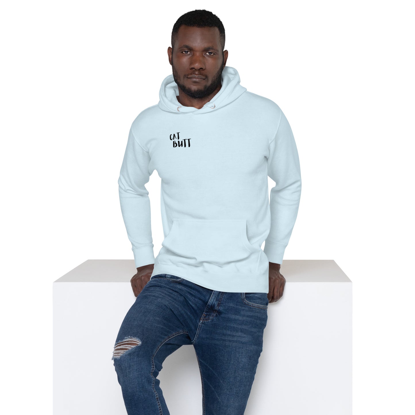 Man wearing a light blue hoodie with text and jeans on a white background - sky blue