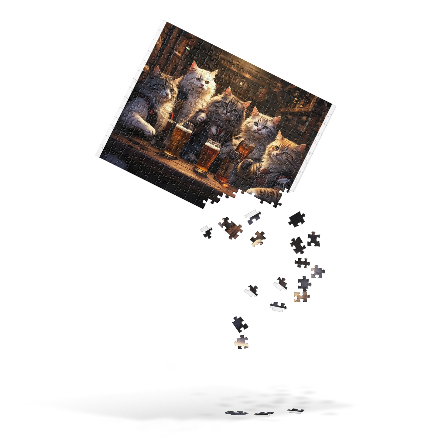 Jigsaw puzzle with cats at a bar design, missing pieces on a white background