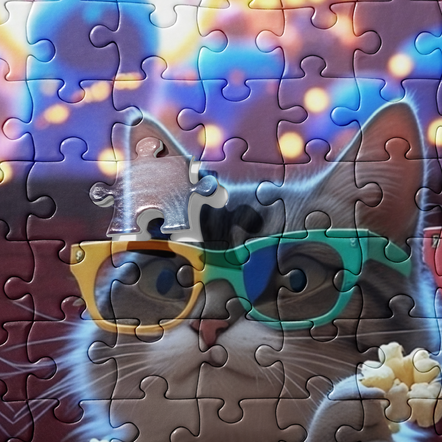 Jigsaw puzzle of a cat wearing sunglasses with colorful background