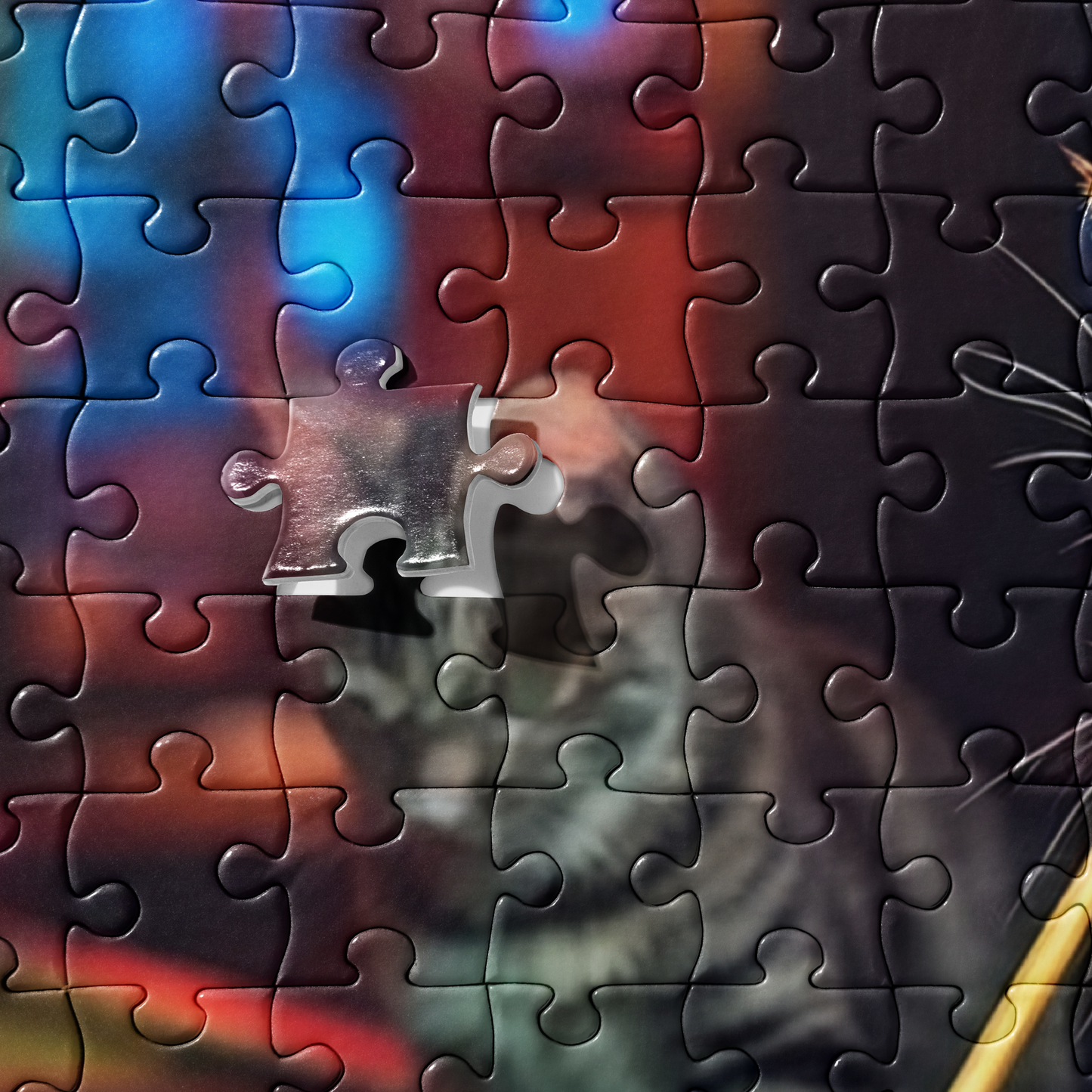 Jigsaw puzzle with one piece missing, revealing a colorful background