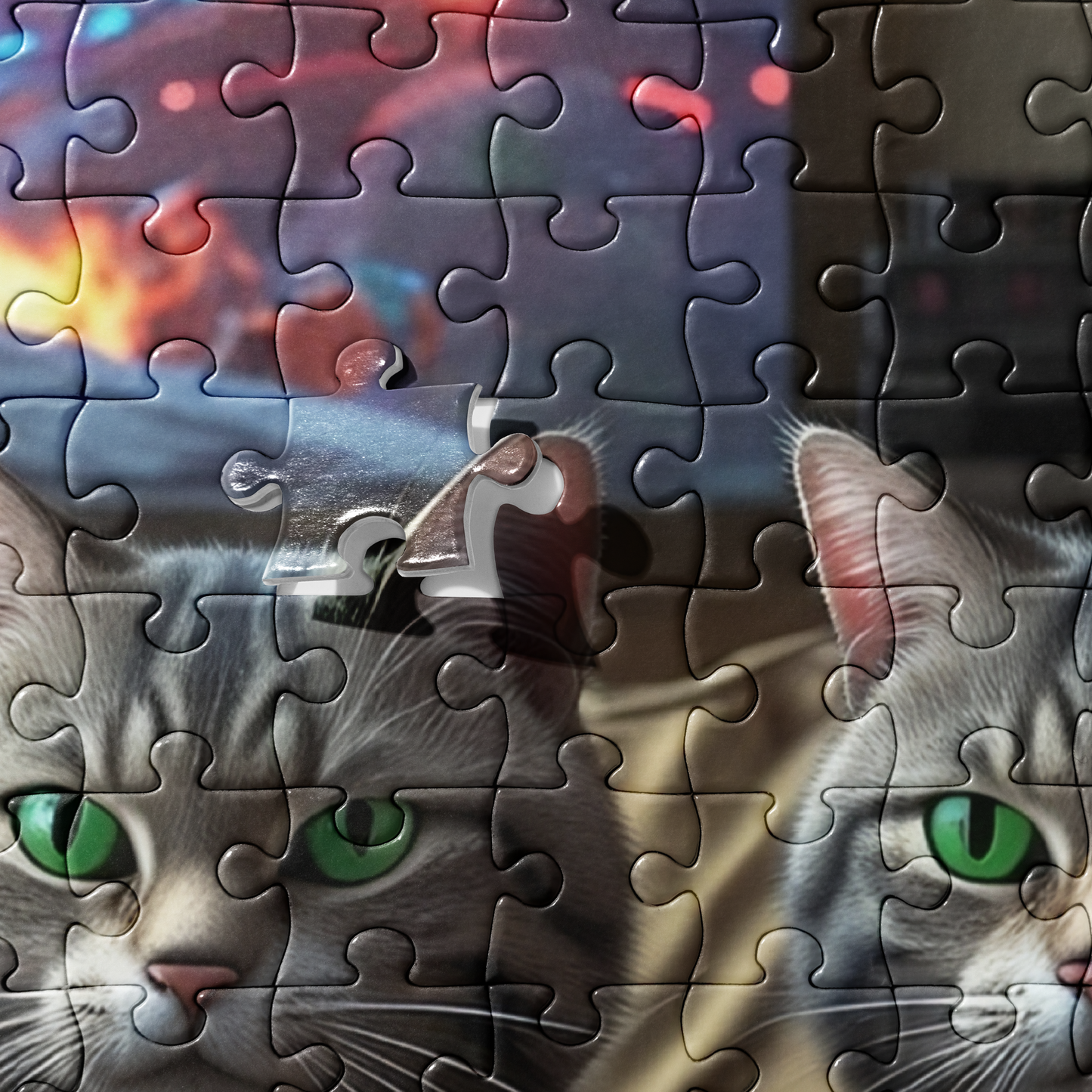 Jigsaw puzzle with a cat design, partially completed.