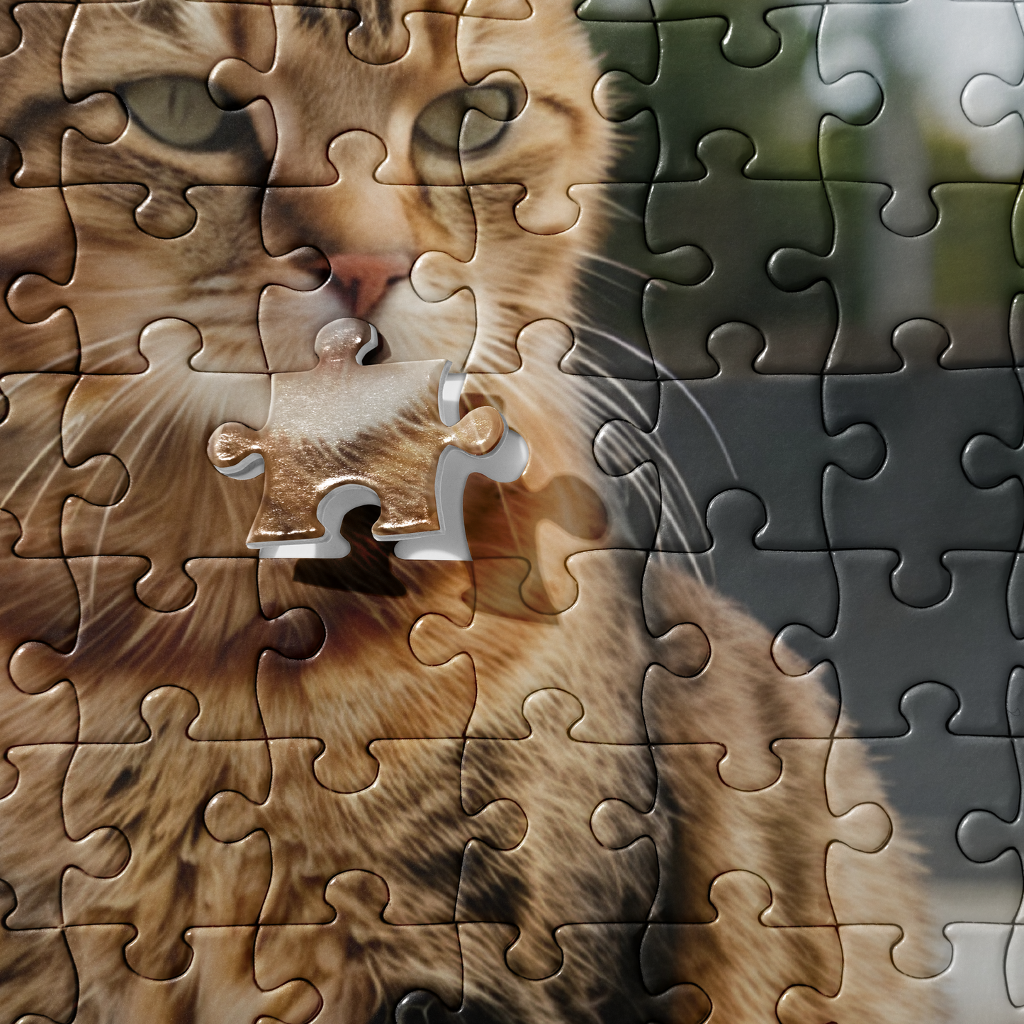 Jigsaw puzzle of a cat with one piece missing