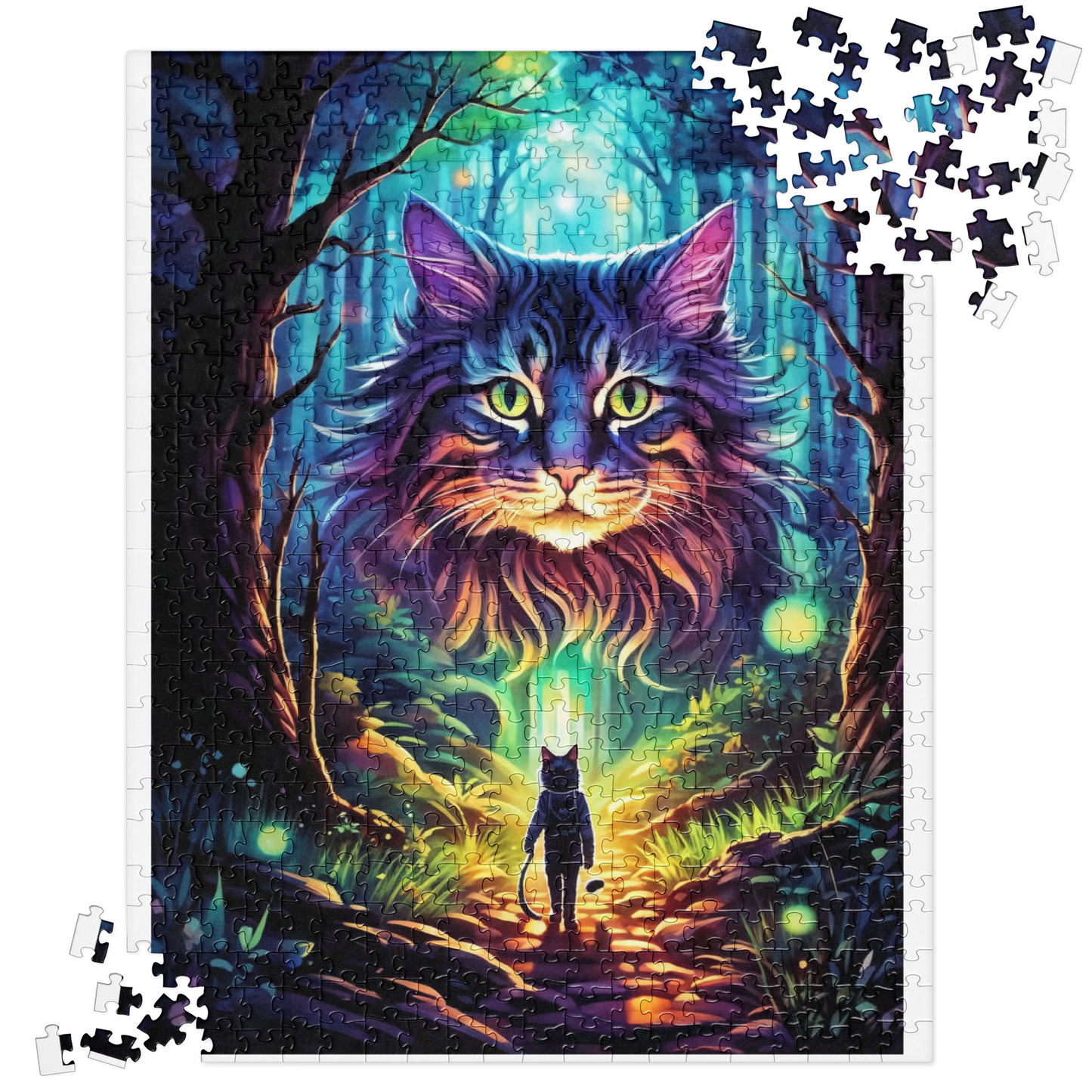 Jigsaw puzzle with a colorful cat illustration in a forest setting