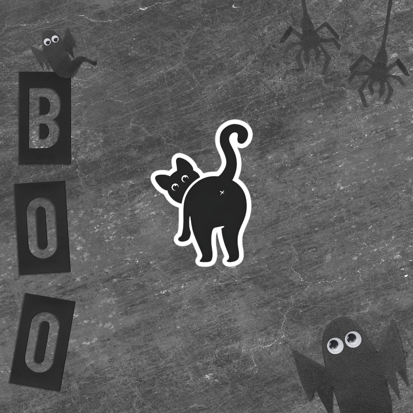 Black and white Halloween-themed illustration with a cat, ghosts, and spiders on a textured gray background. - all