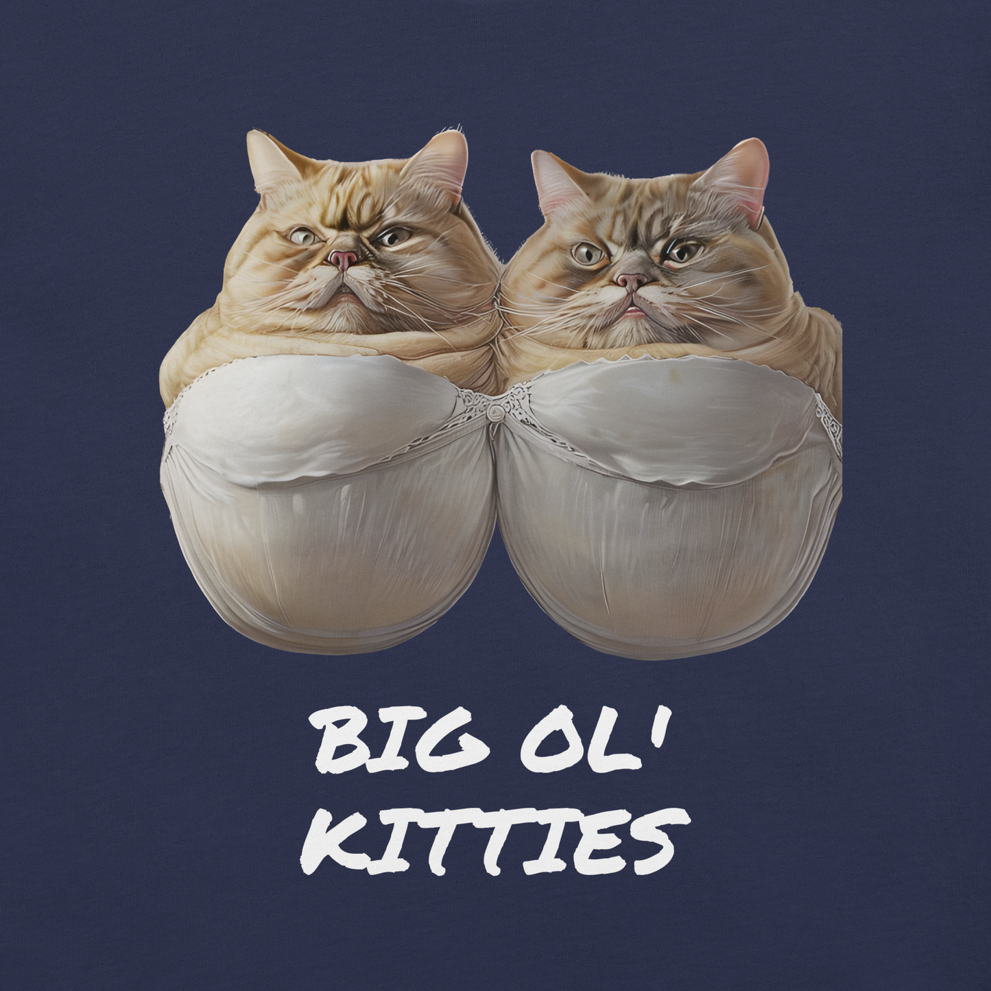 Two cats inside a pair of underwear with 'BIG OL' KITTIES' text on a dark blue background - navy