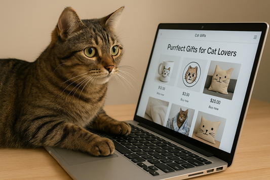 a cat shopping on a laptop