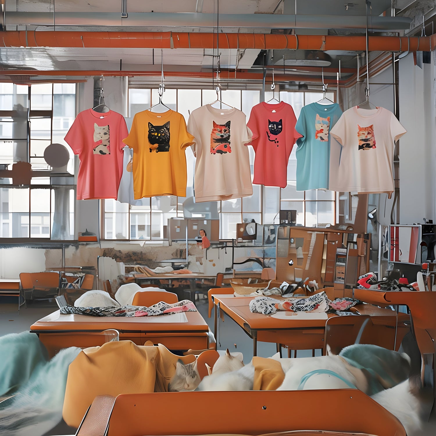Cat shirts in a warehouse