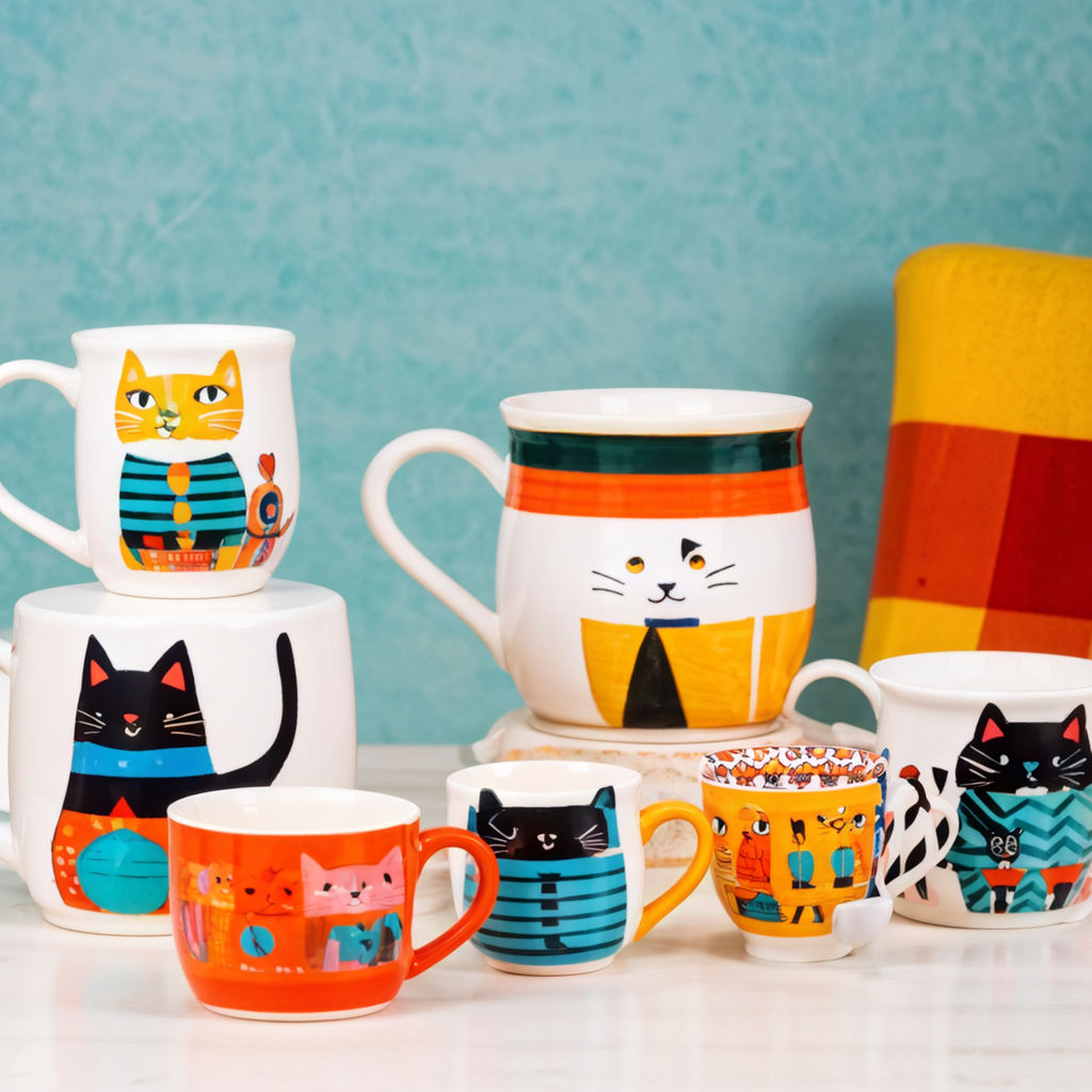 A collection of cat mugs