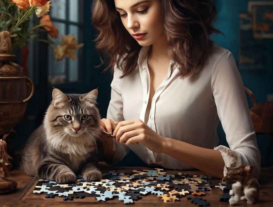 A woman working on a jigsaw puzzle with her cat