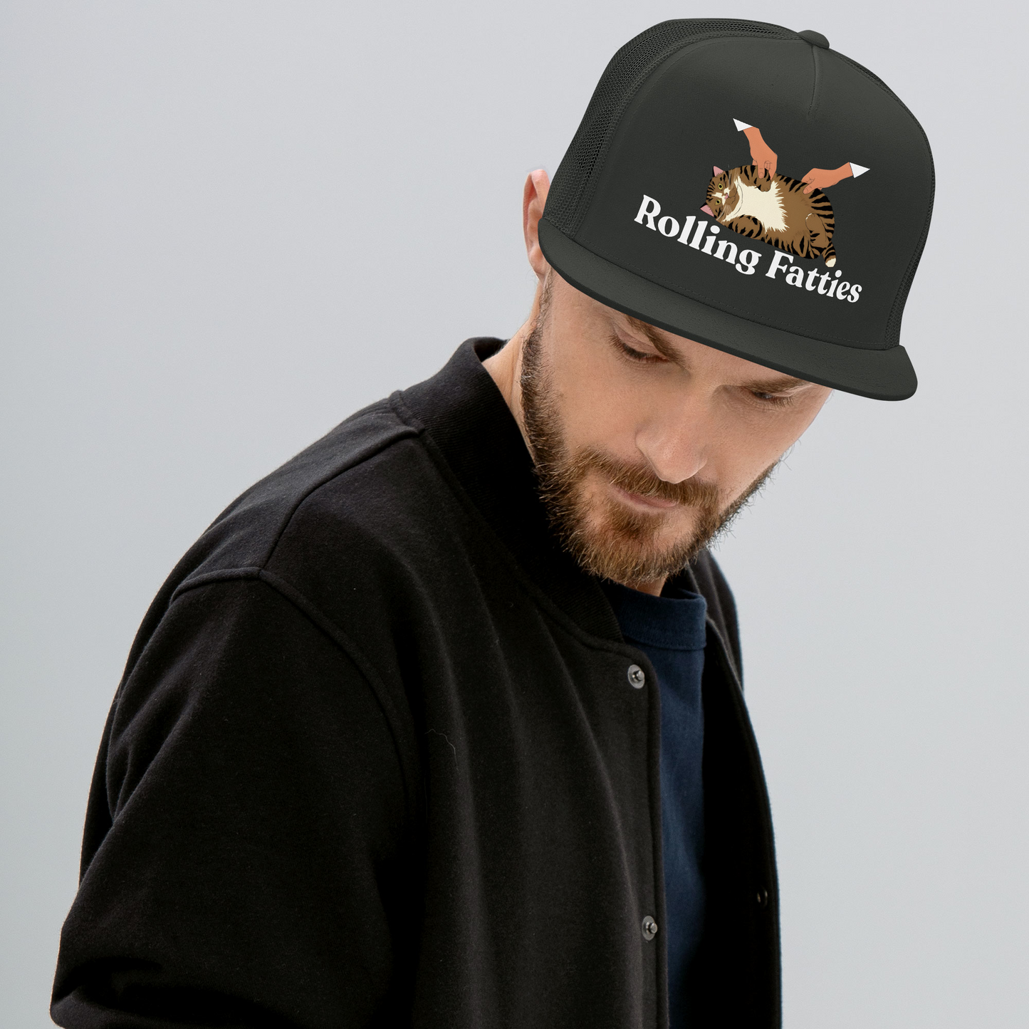 Man wearing a cap with 'Rolling Fatties' logo on a background - charcoal