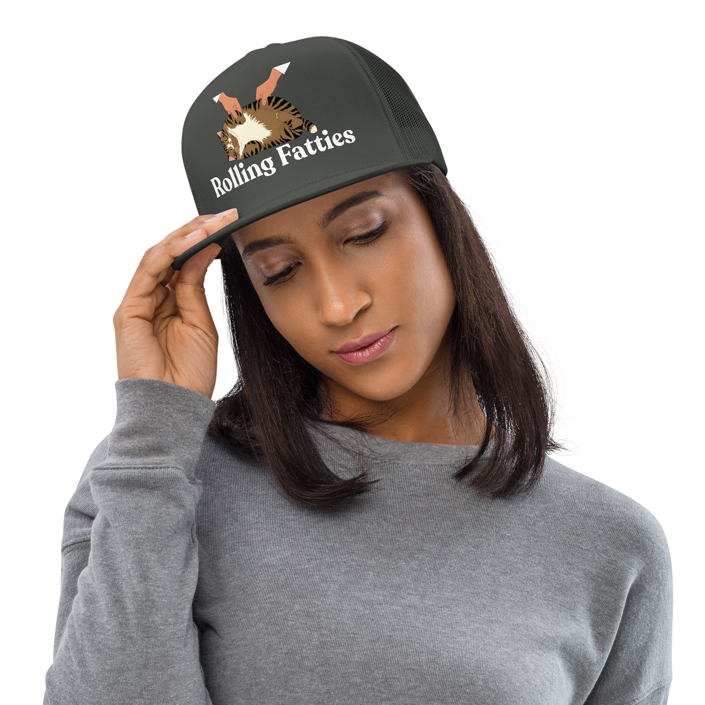 Woman wearing a cap with 'Rolling Fatties' text and logo - charcoal