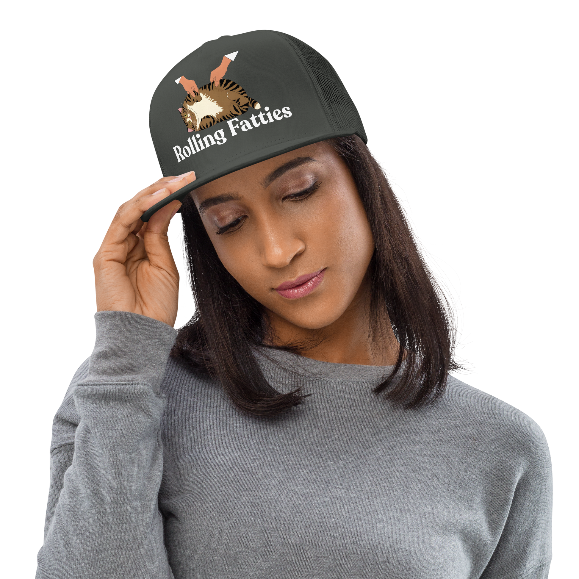 Woman wearing a cap with 'Rolling Fatties' text and logo - charcoal