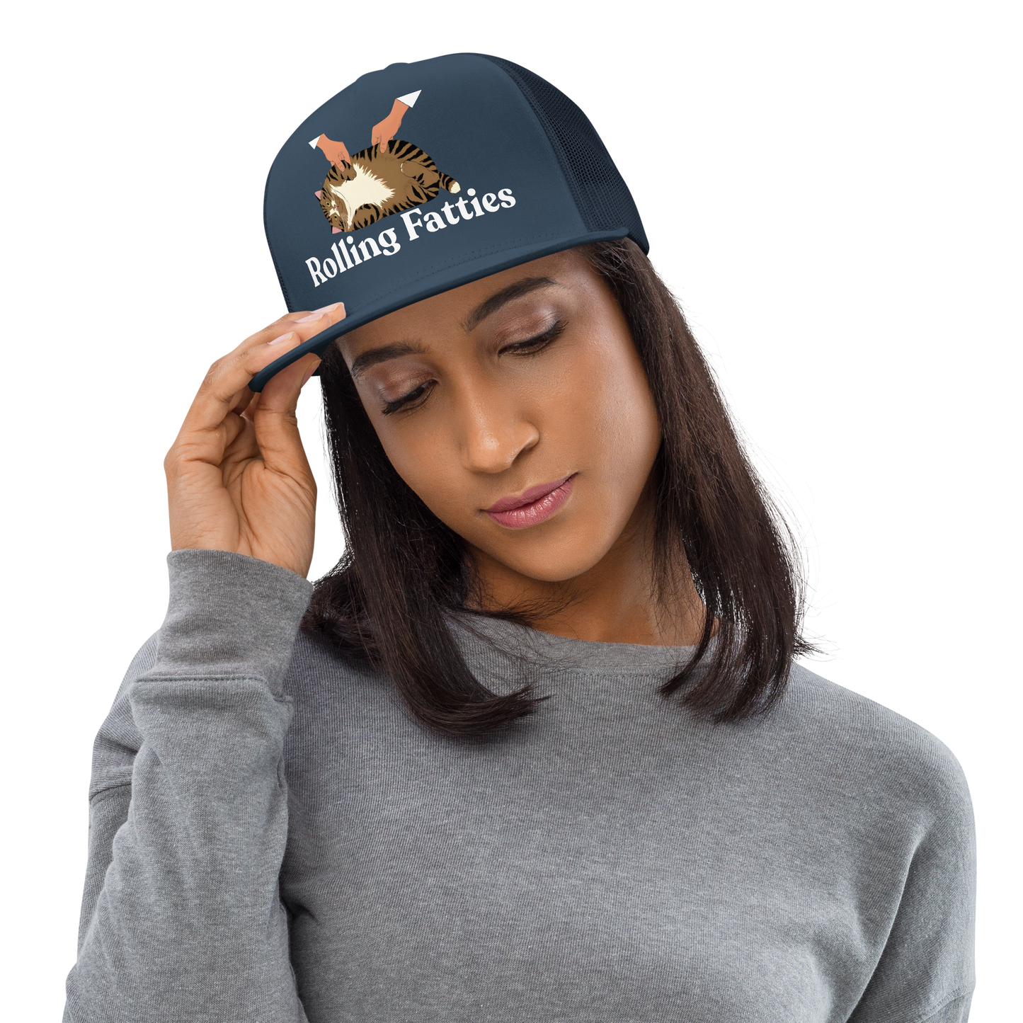 Woman wearing a navy blue cap with 'Rolling Fatties' text and logo - navy