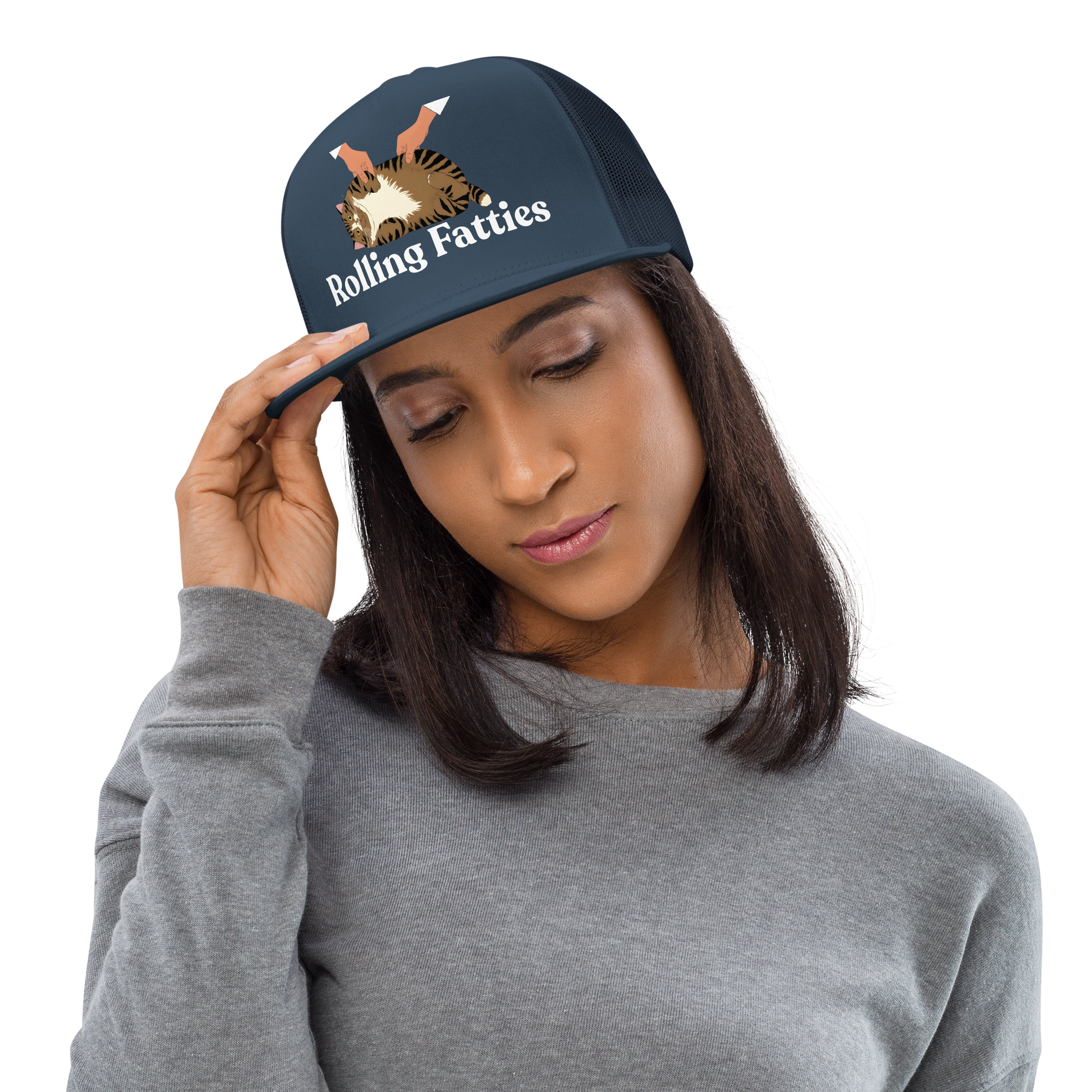 Woman wearing a navy blue cap with 'Rolling Fatties' text and logo - navy