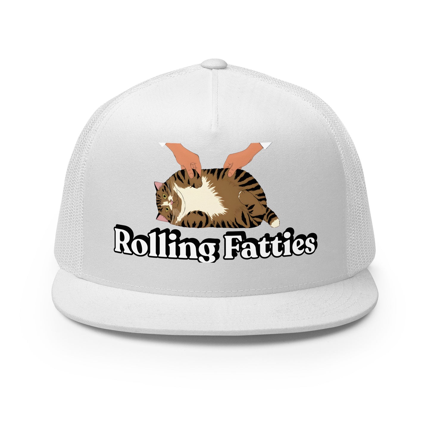 White cap with a cat graphic and 'Rolling Fatties' text on a white background - white