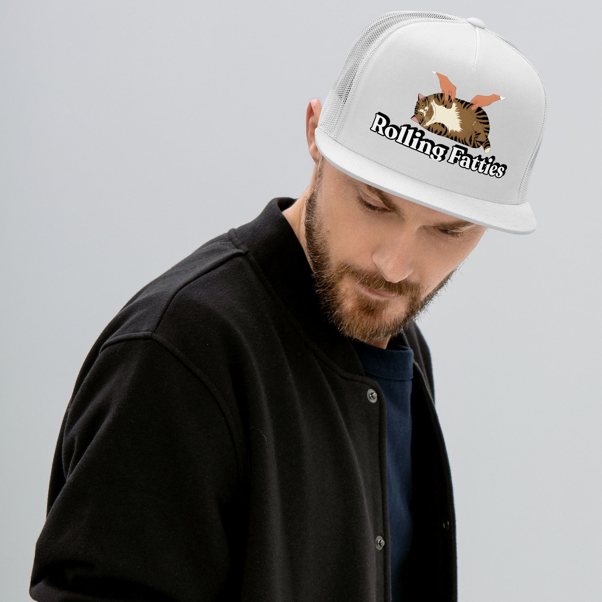 Man wearing a white cap with 'Rolling Patties' logo - white