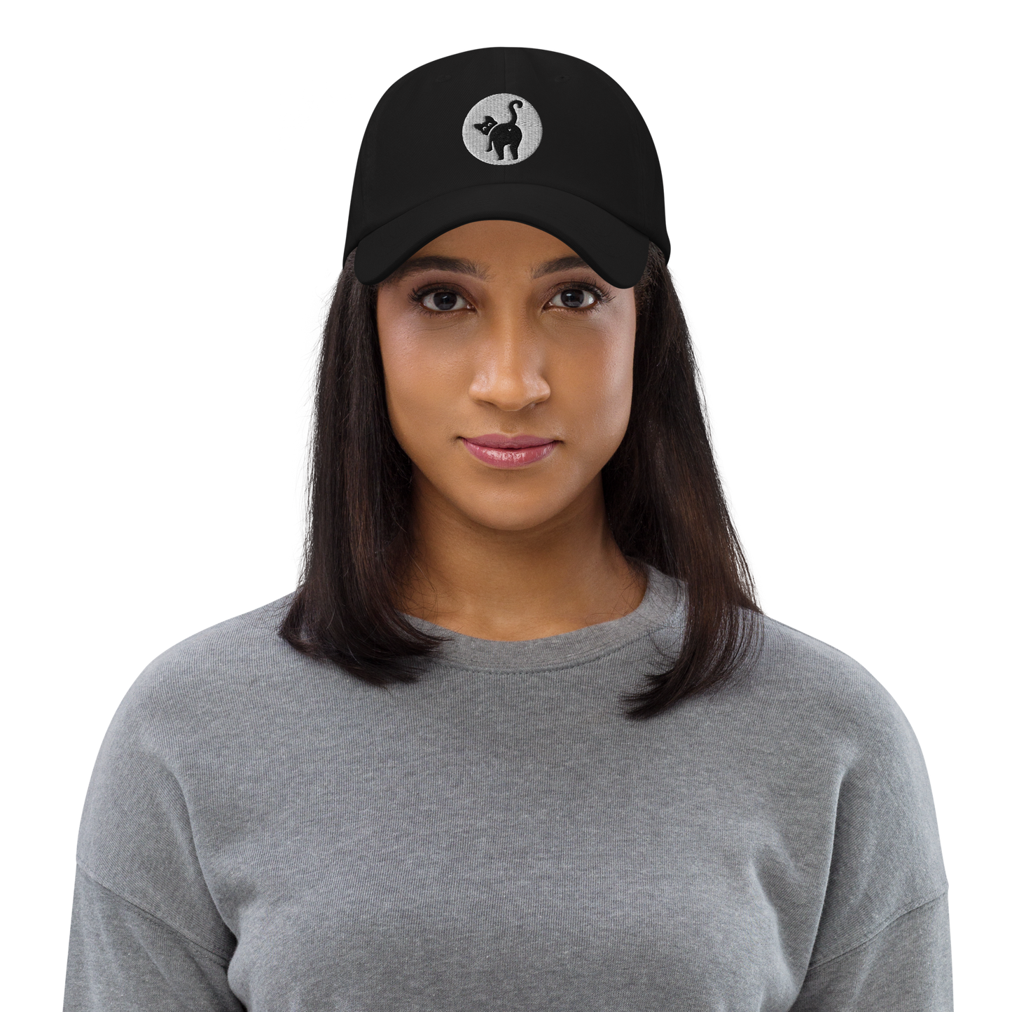 Woman wearing a black cap with a logo on a white background - black