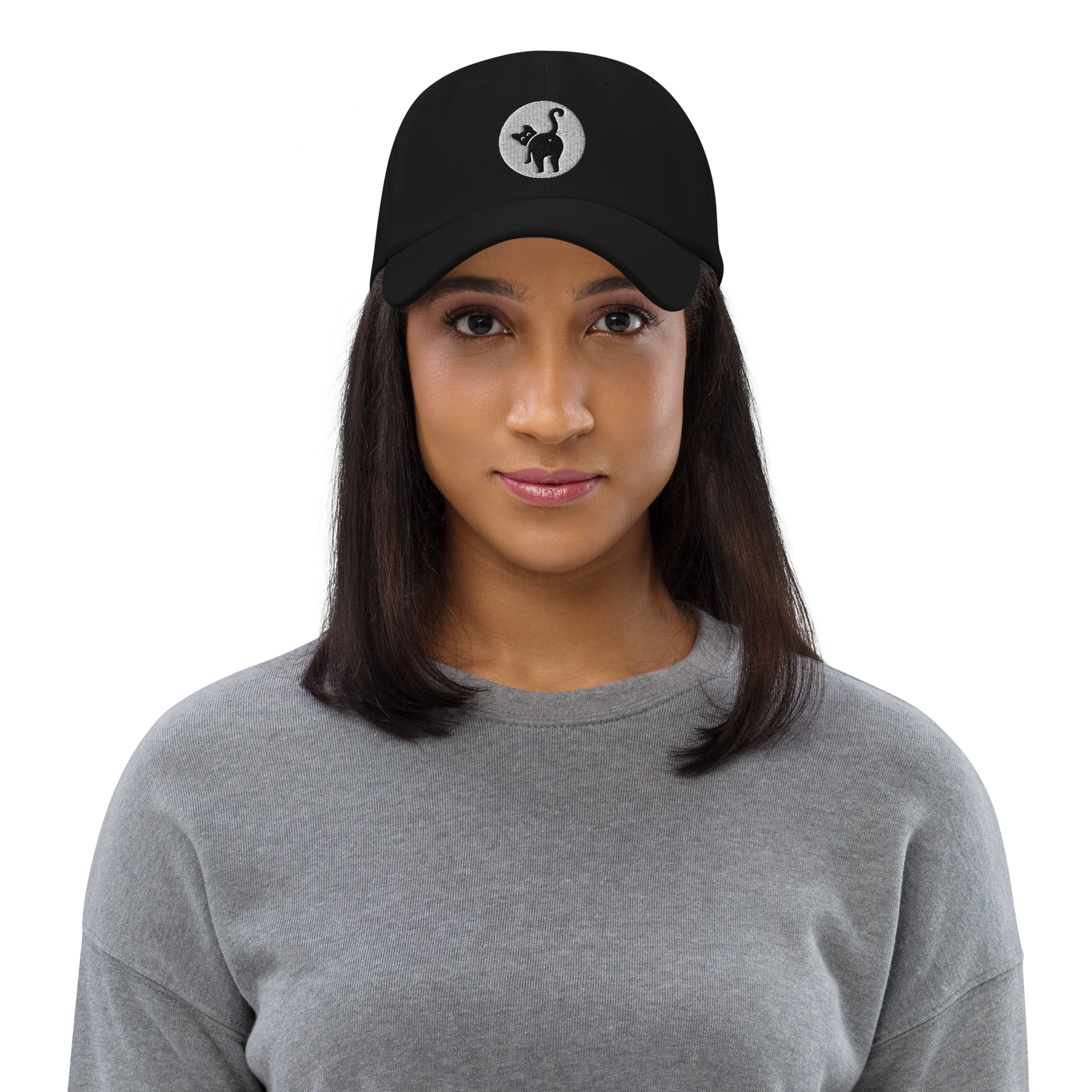 Woman wearing a black cap with a logo on a white background - black