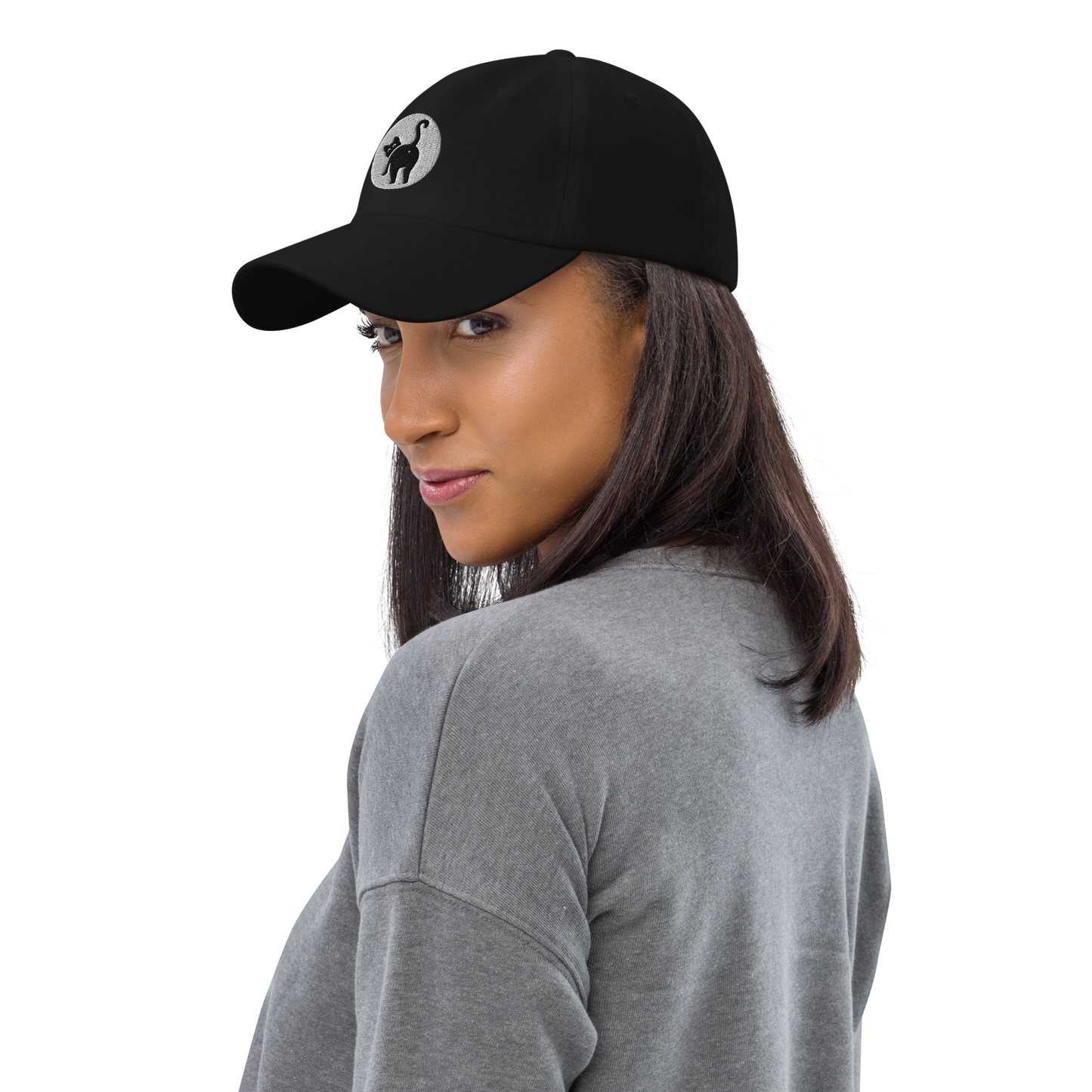 Woman wearing a black cap with a logo on a white background - black