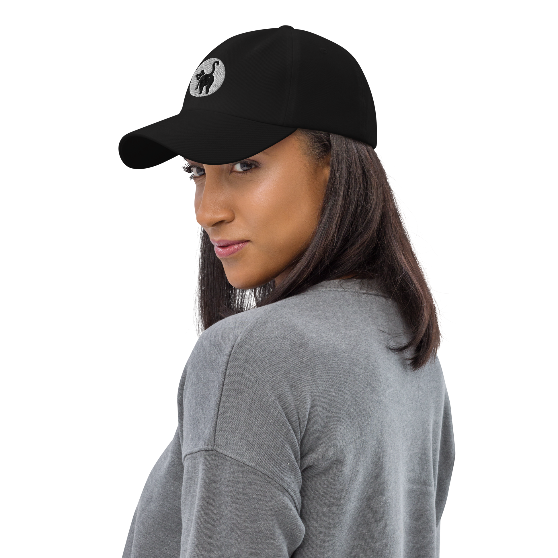 Woman wearing a black cap with a logo on a white background - black