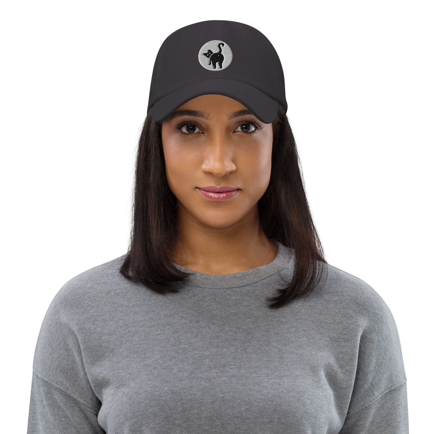 Woman wearing a black cap with a logo on a white background - dark grey