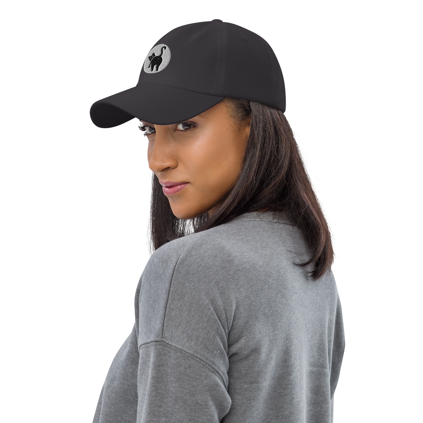 Woman wearing a black cap with a logo on a white background - dark grey