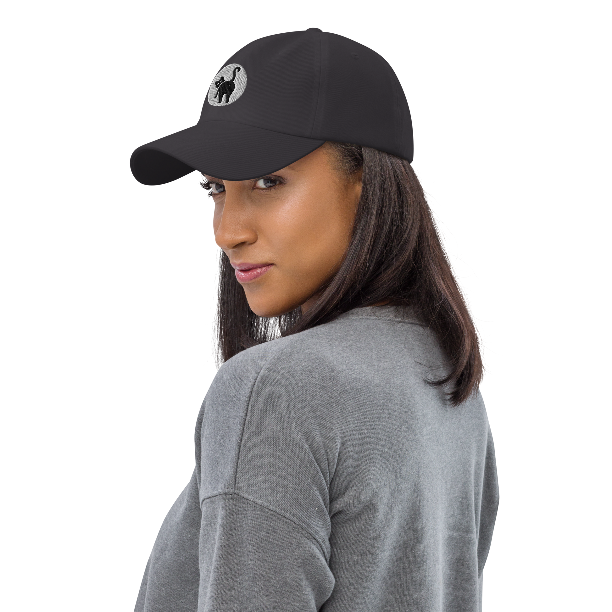Woman wearing a black cap with a logo on a white background - dark grey