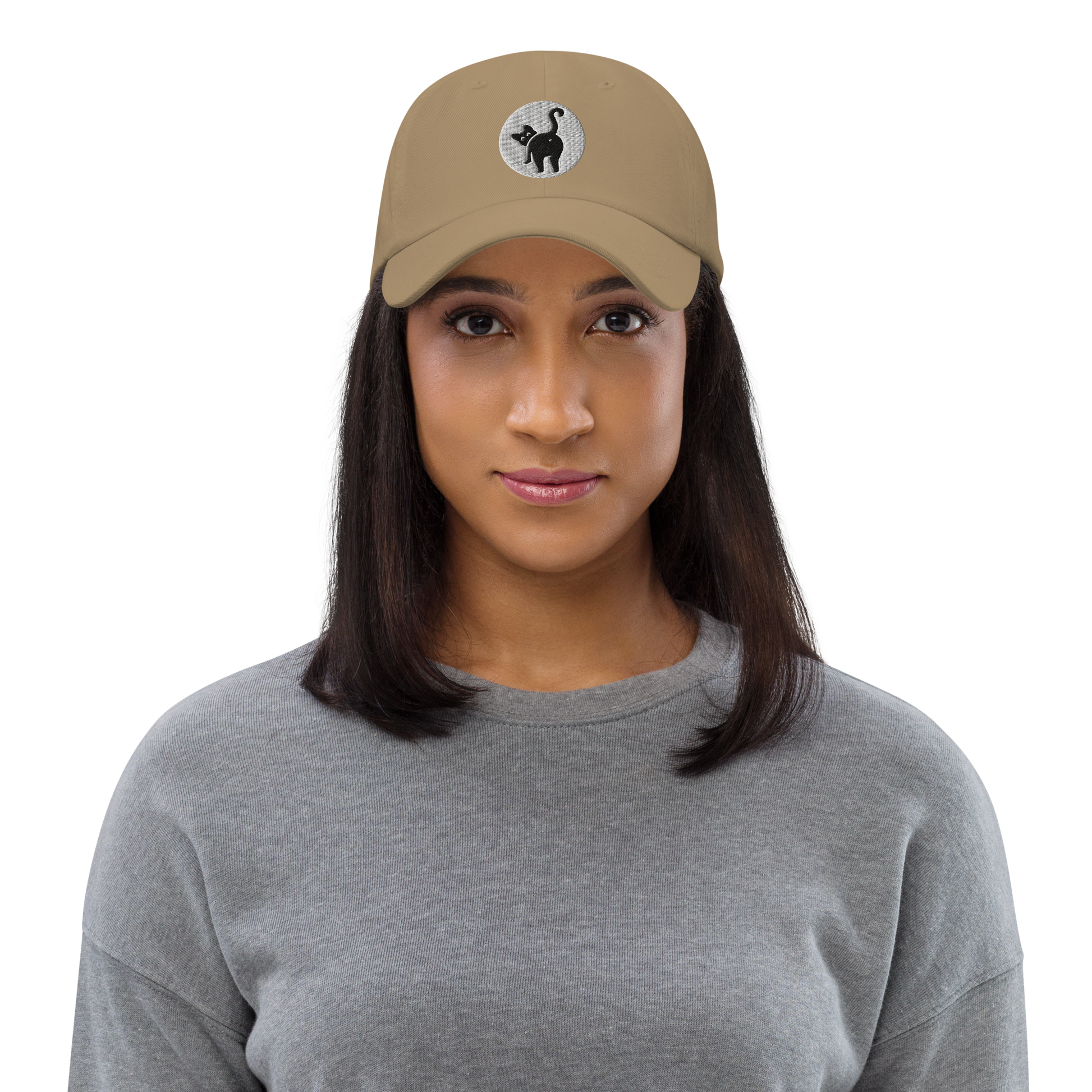 Woman wearing a beige cap with a logo on a white background - khaki