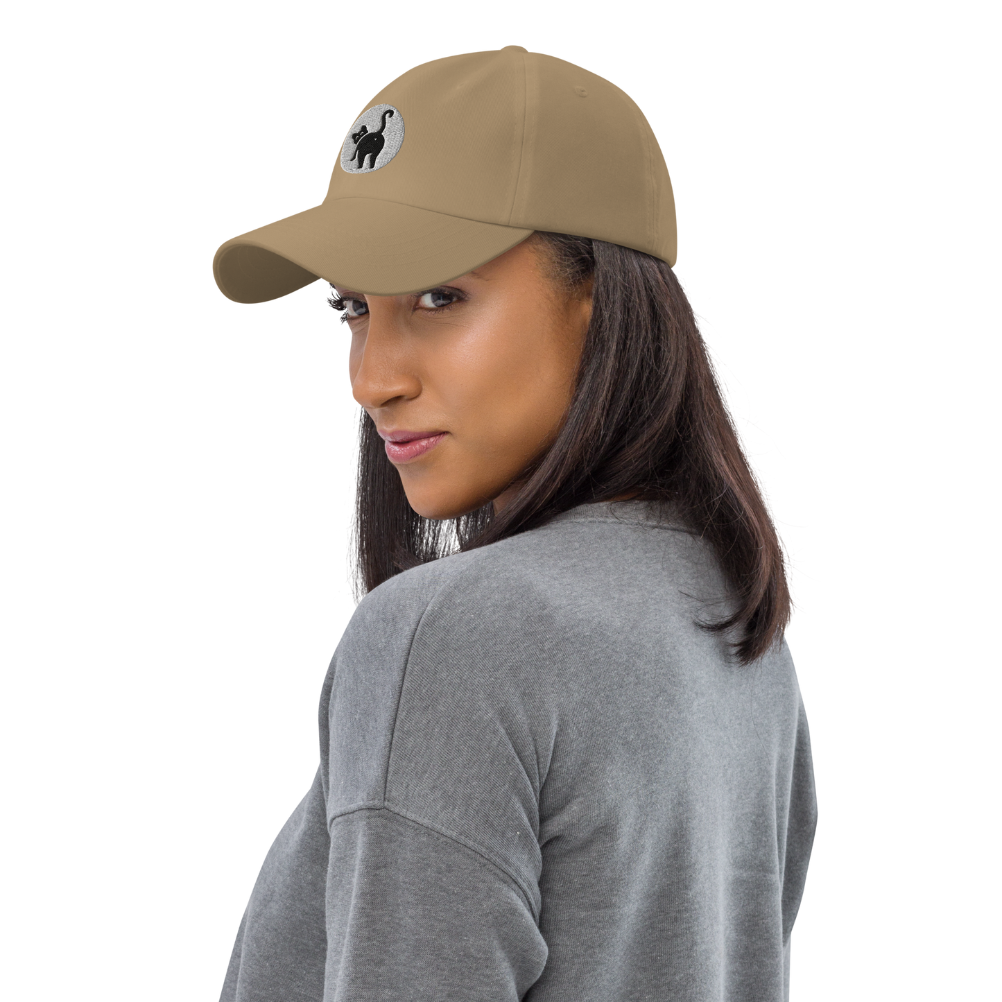 Woman wearing a tan cap with a logo on a white background - khaki