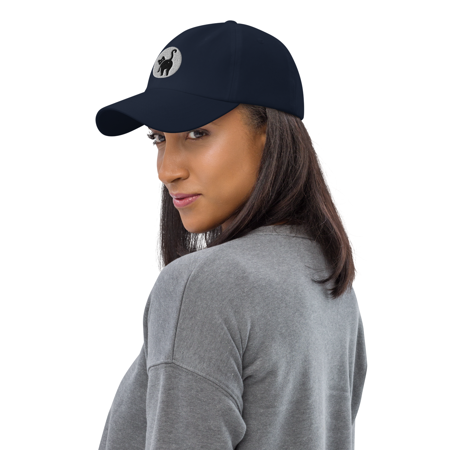 Woman wearing a navy blue cap with a logo on a white background - navy