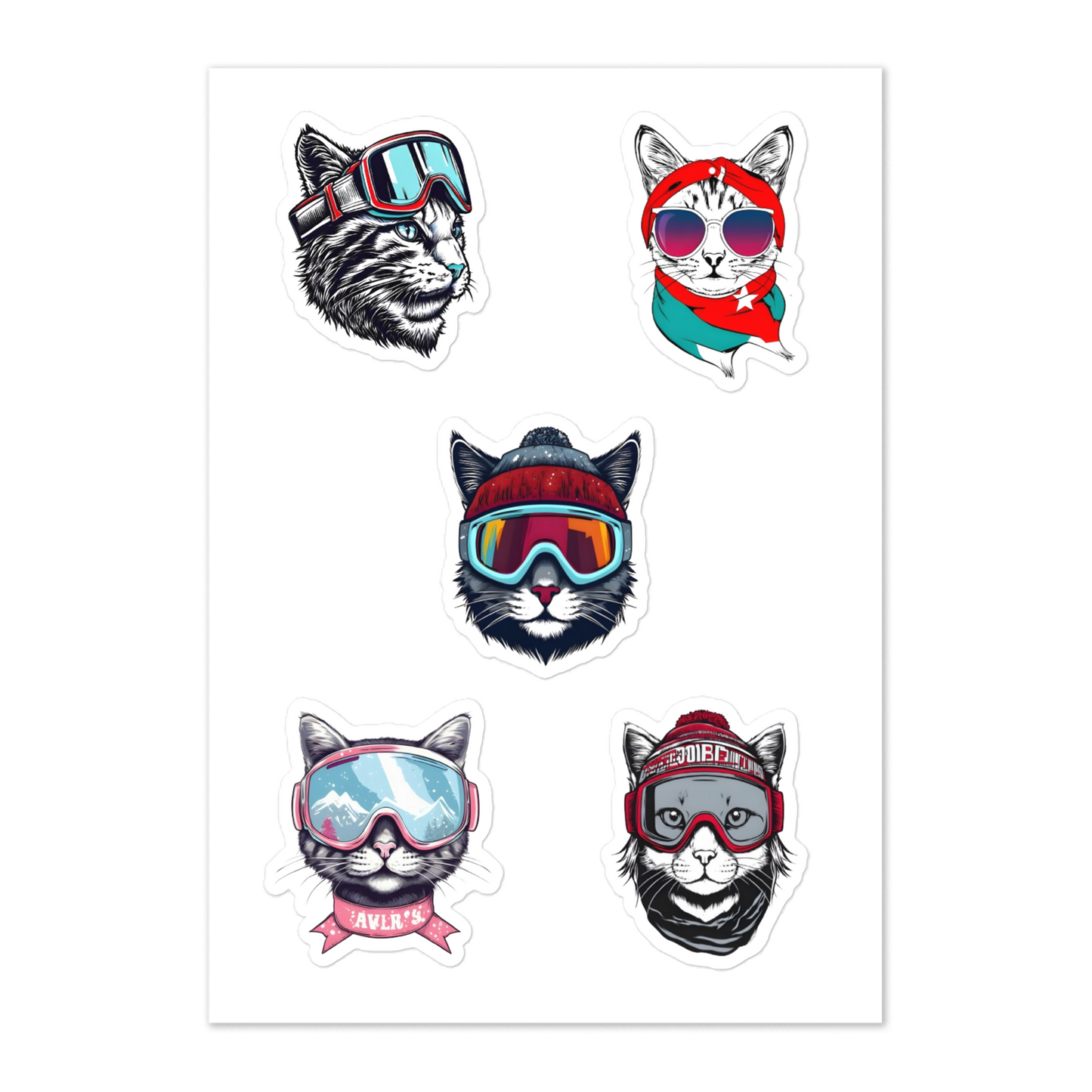 Five cat stickers with goggles on a white background