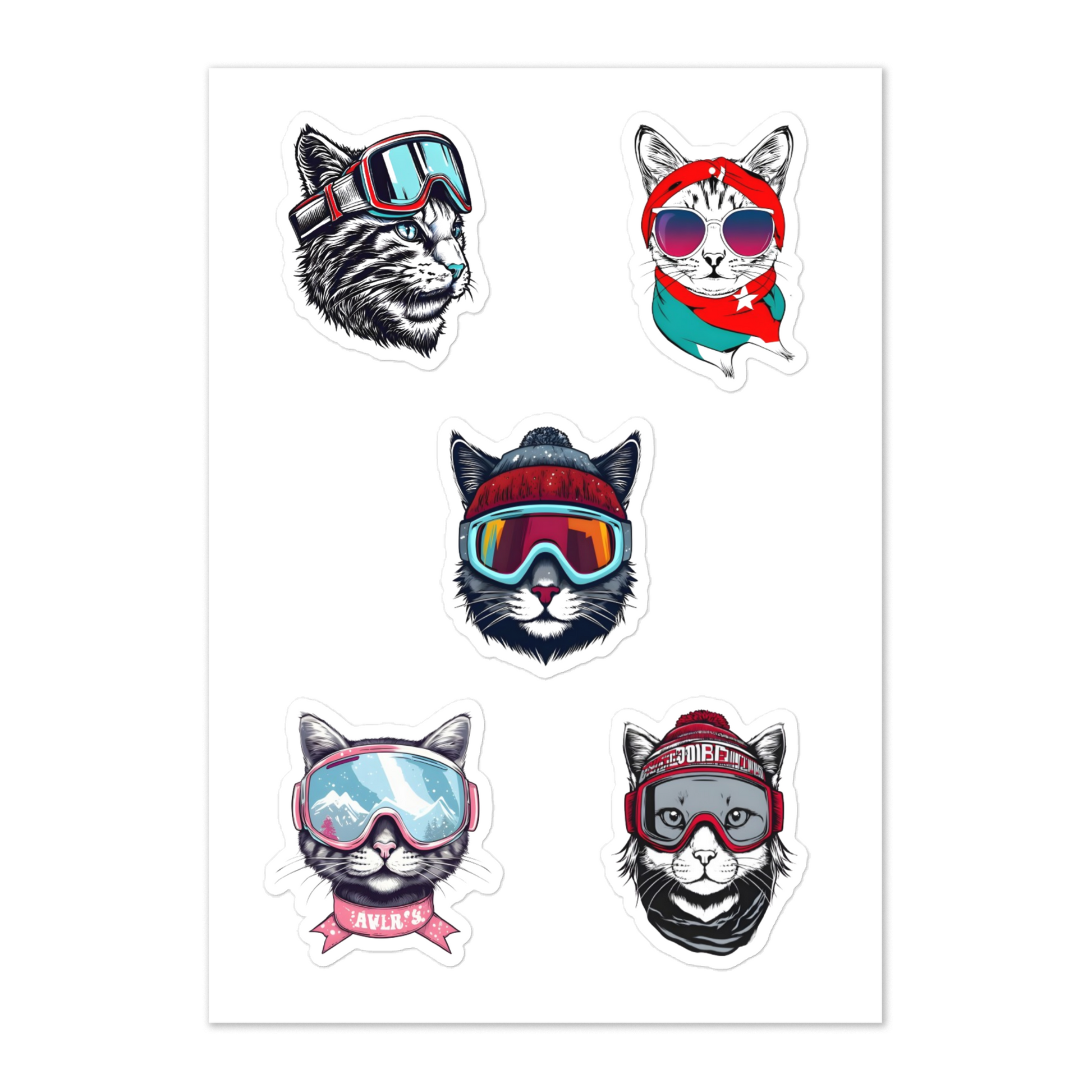 Five cat stickers with goggles on a white background