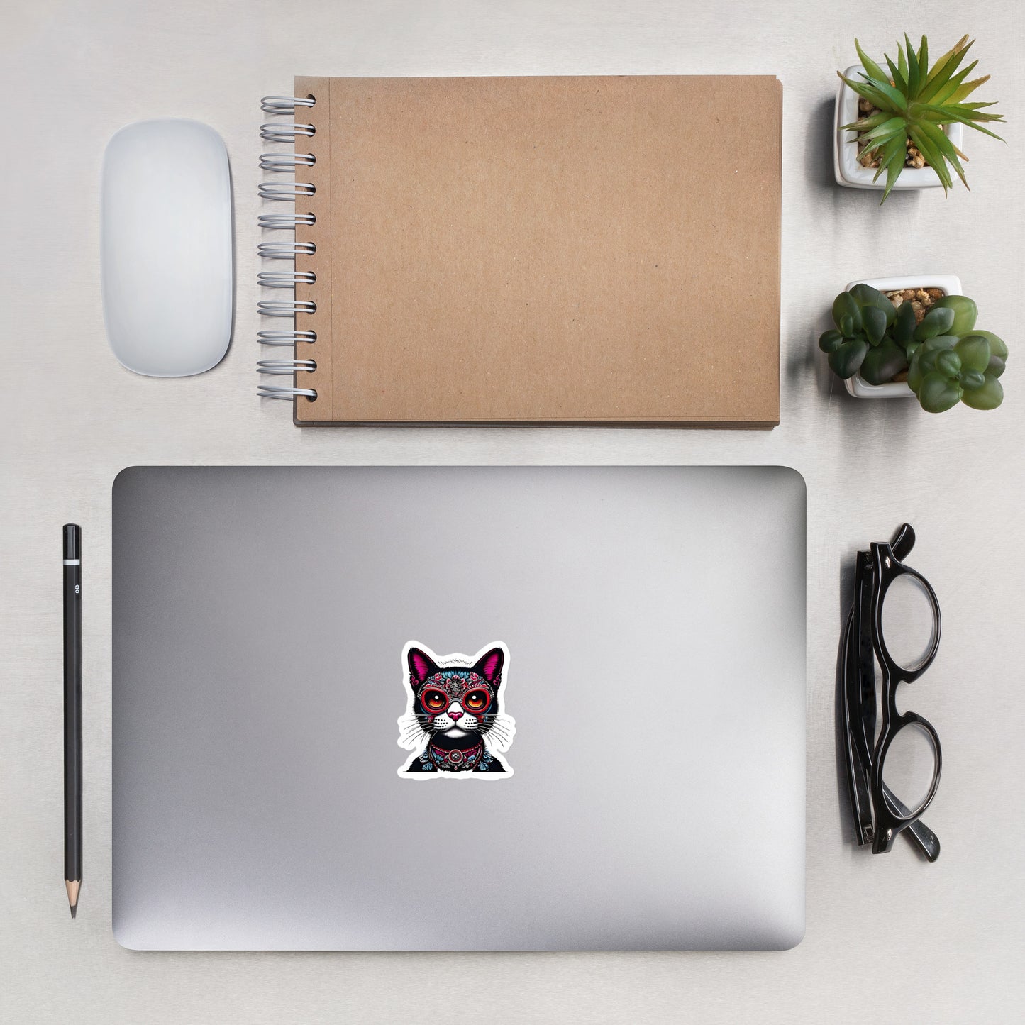Dia del los gatos cat on computer - 3"x3"