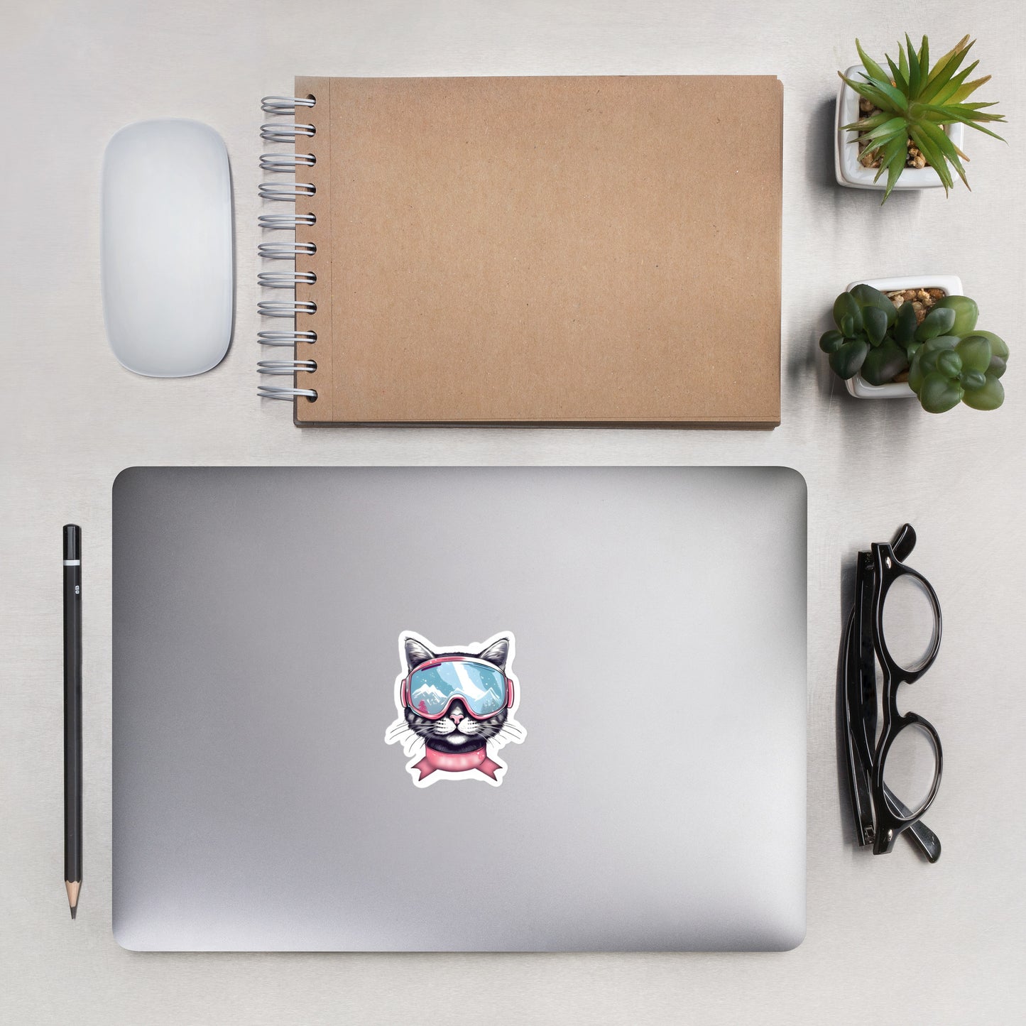 Snow Cat Girl on computer - 3"x3"