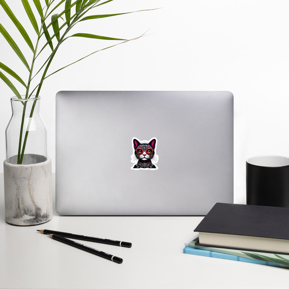 Dia del los gatos cat on computer by a plant - 3"x3"
