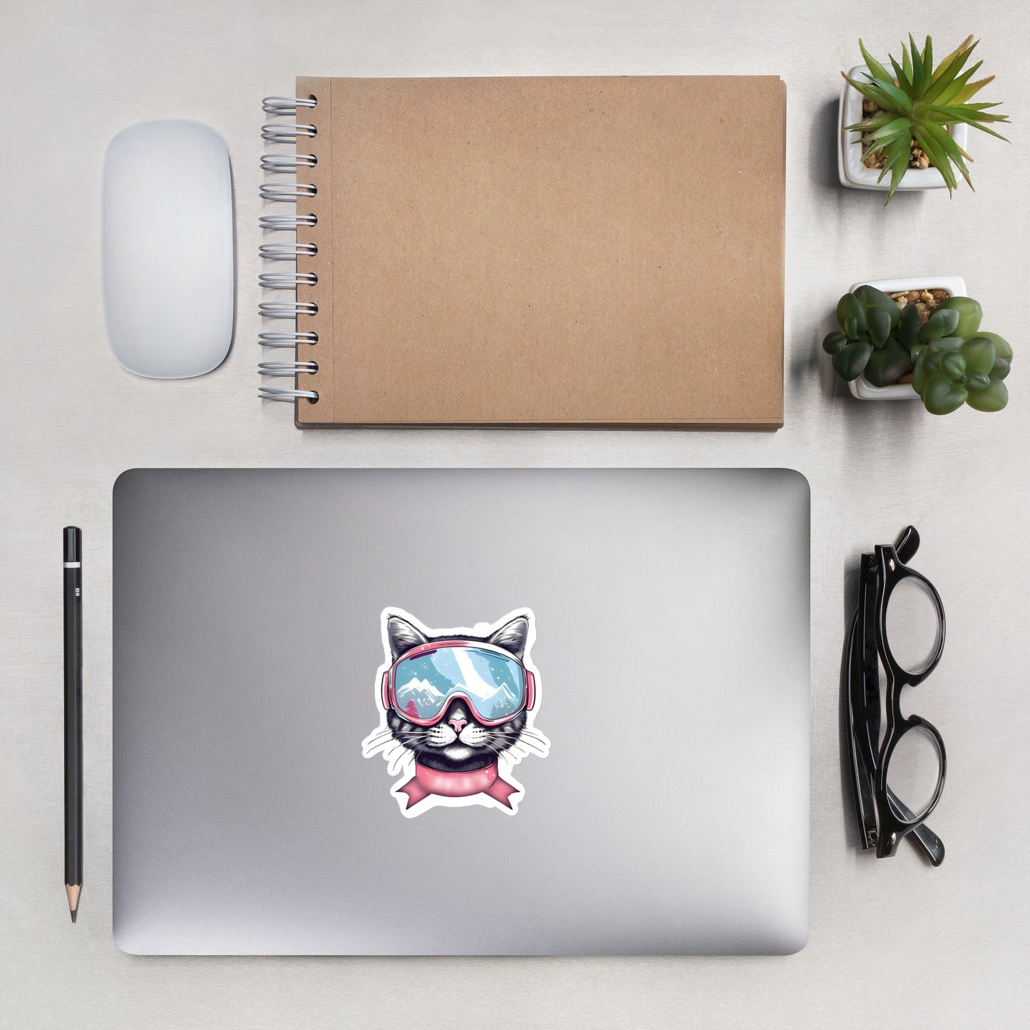 Snow Cat Girl on computer - 4"x4"