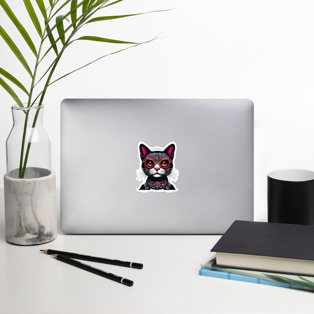 Dia del los gatos cat on computer by a plant - 4"x4"