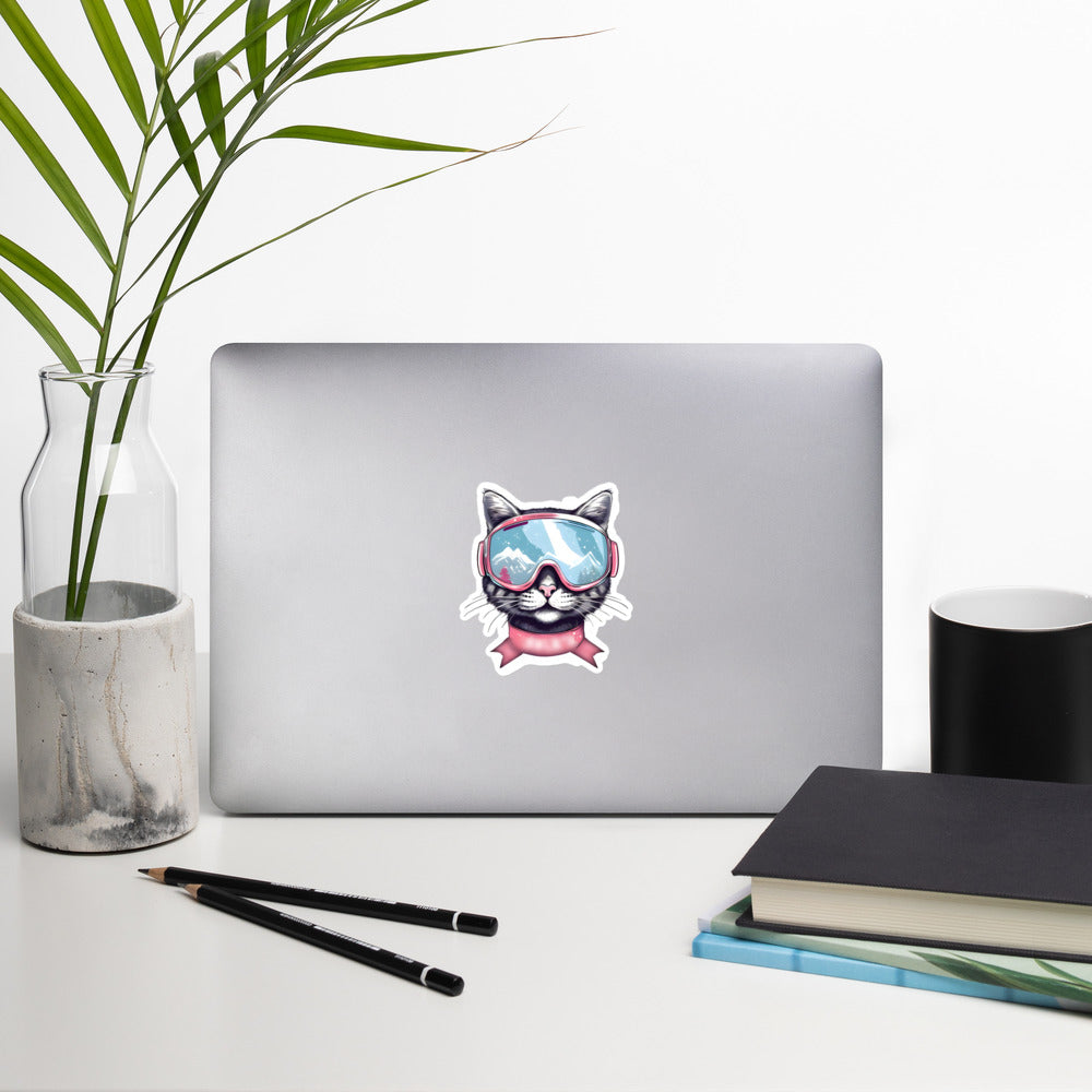 Snow Cat Girl on computer by plant - 4"x4"