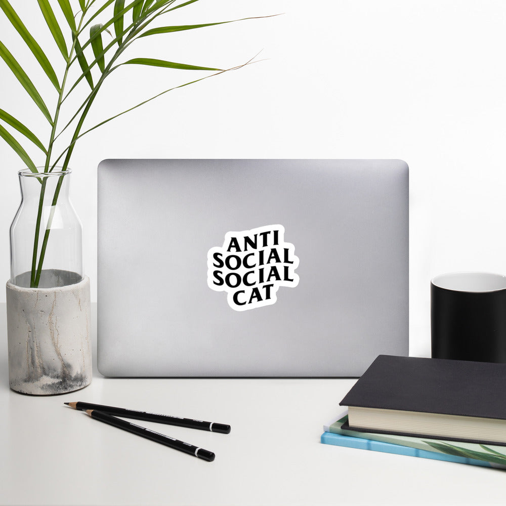 Anti Social Social Cat sticker on computer with plant - 4"x4"