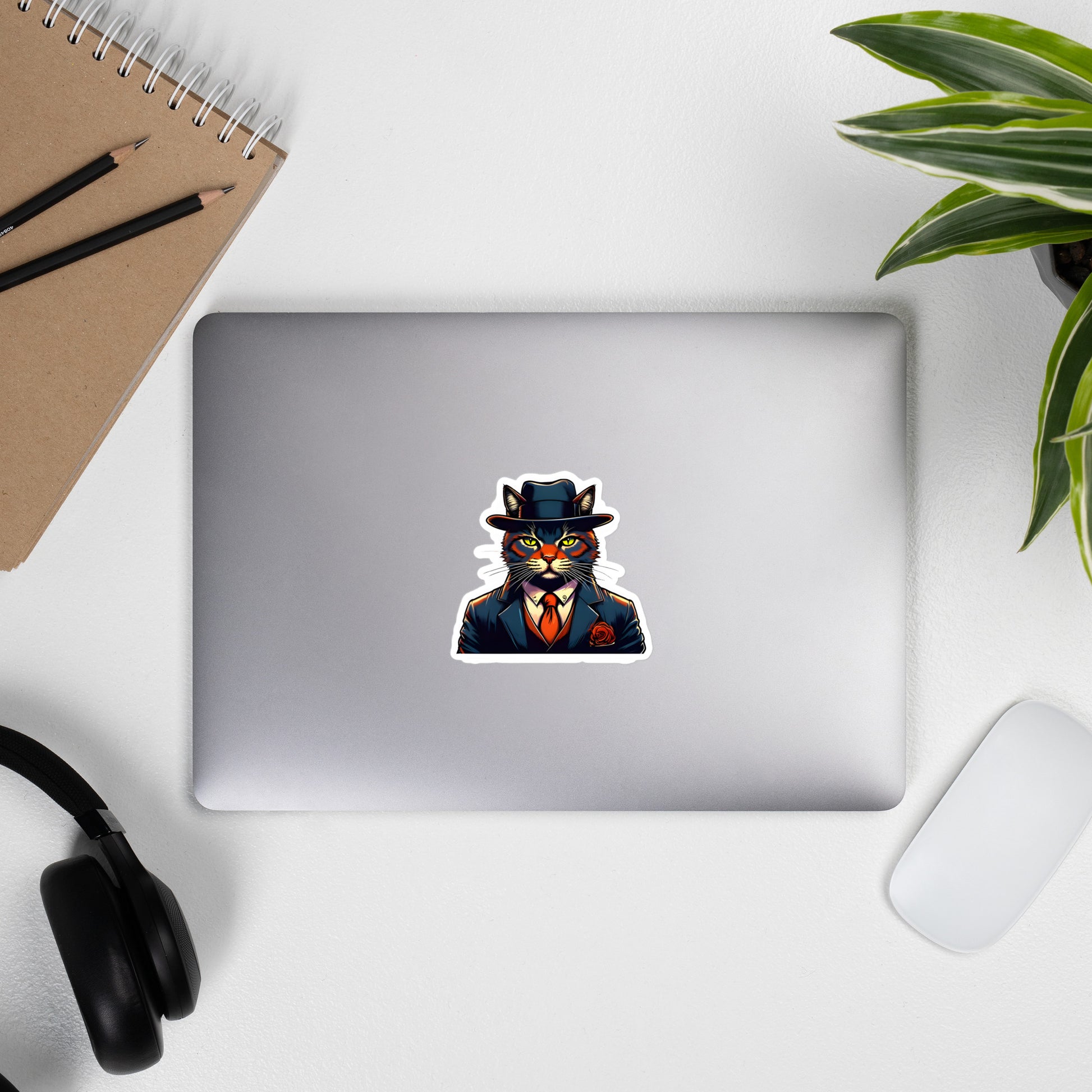Dapper Kitty on a computer by headphones - 4"x4"