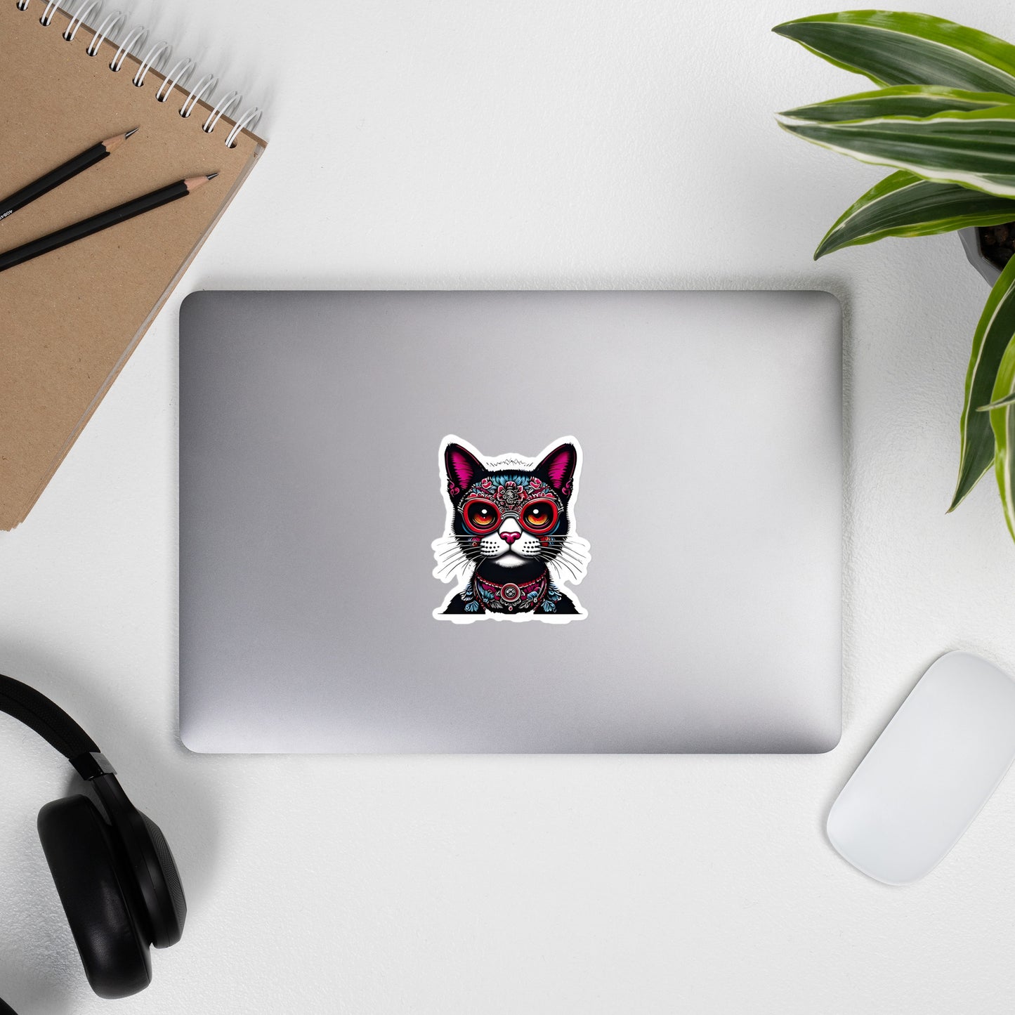 Dia del los gatos cat on computer by headphones - 4"x4"