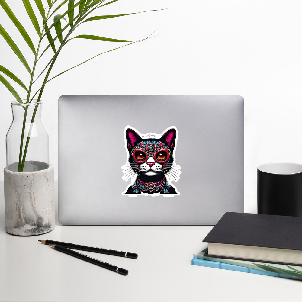 Dia del los gatos cat on computer by a plant - 5.5"x5.5"