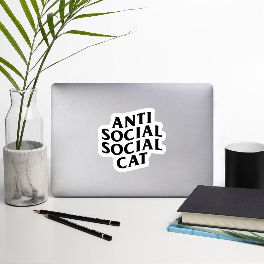 Anti Social Social Cat sticker on computer with plant - 5.5"x5.5"