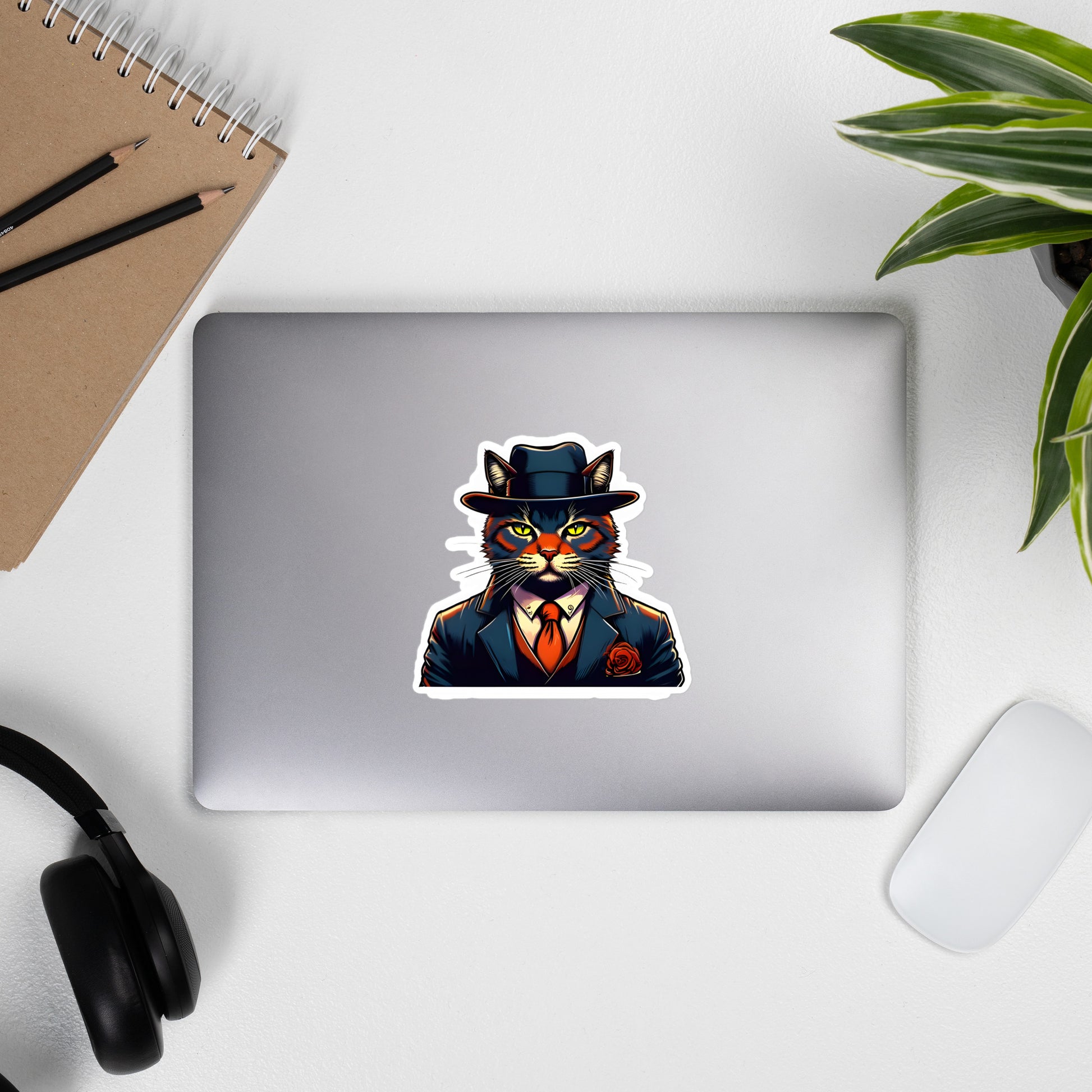 Dapper Kitty on a computer by headphones - 5.5"x5.5"