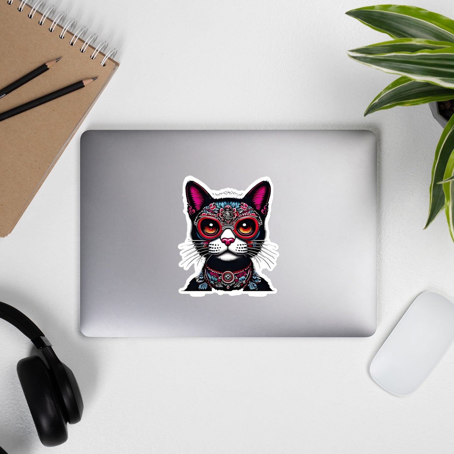 Dia del los gatos cat on computer by headphones - 5.5"x5.5"