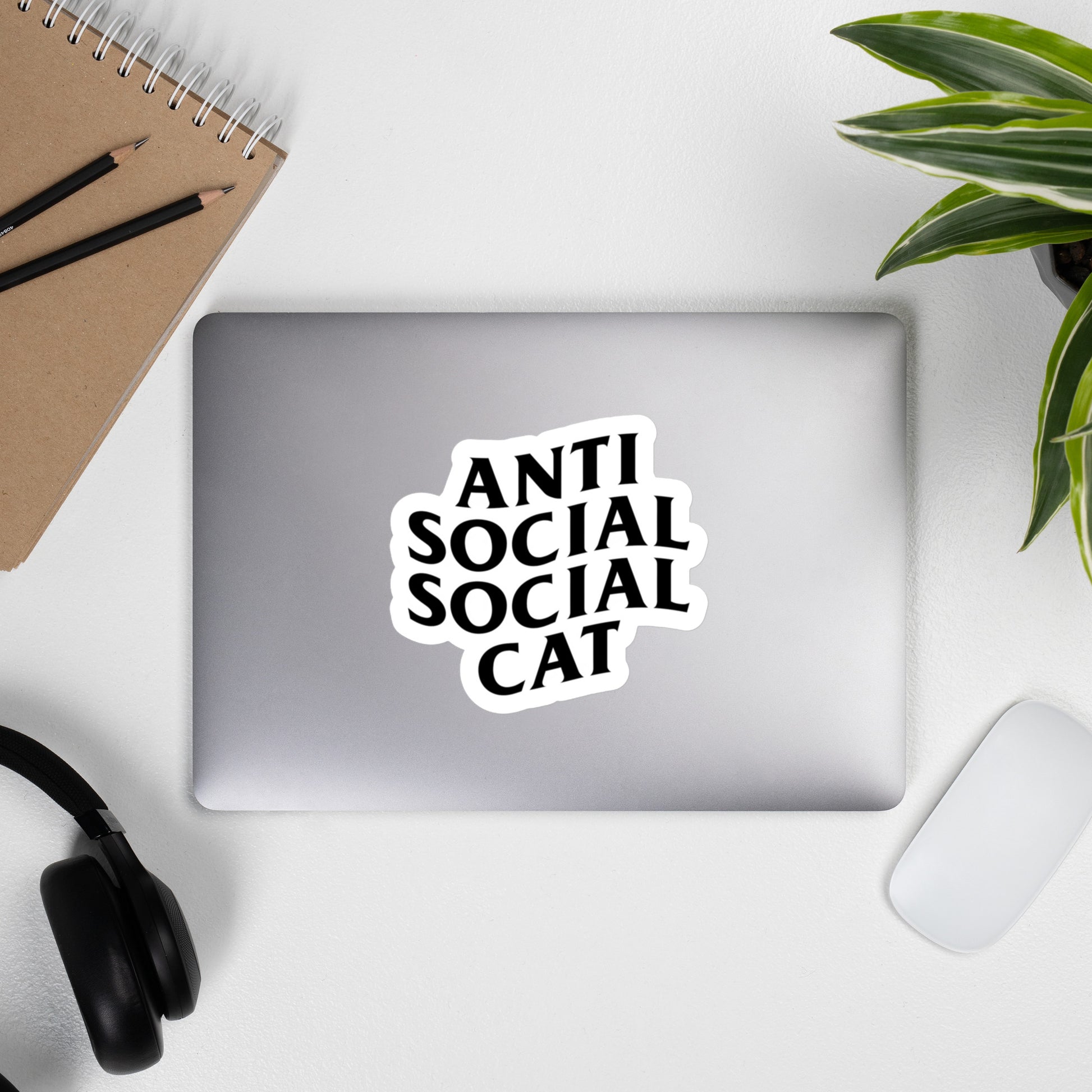 Anti Social Social Cat sticker on computer with headphones - 5.5"x5.5"
