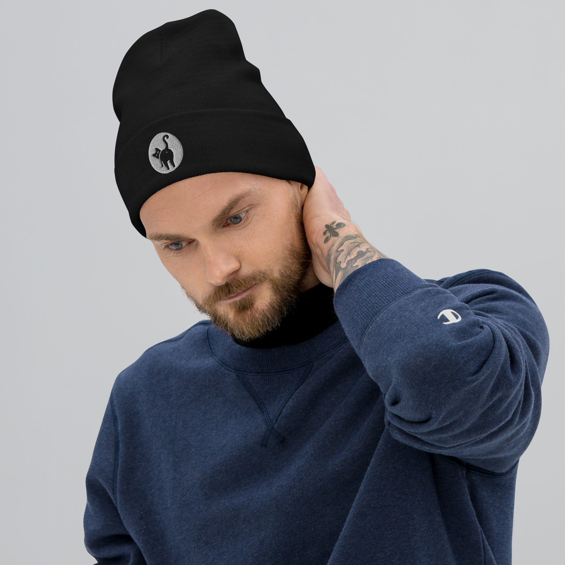 Guy in sweatshirt and cat butt beanie - black