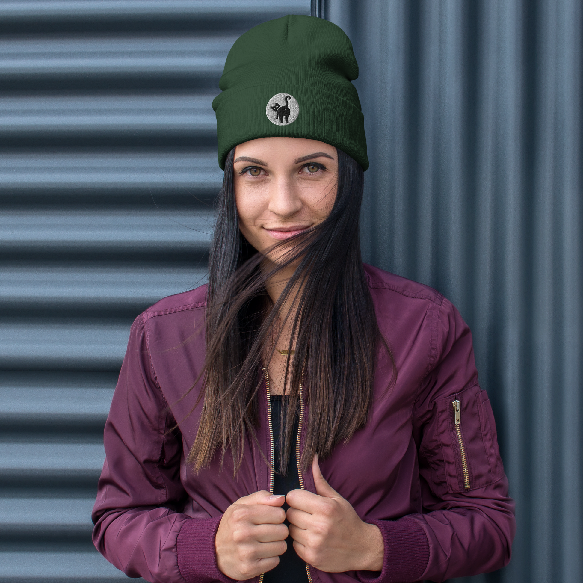 Girl in jacket and Cat But Beanie - dark green