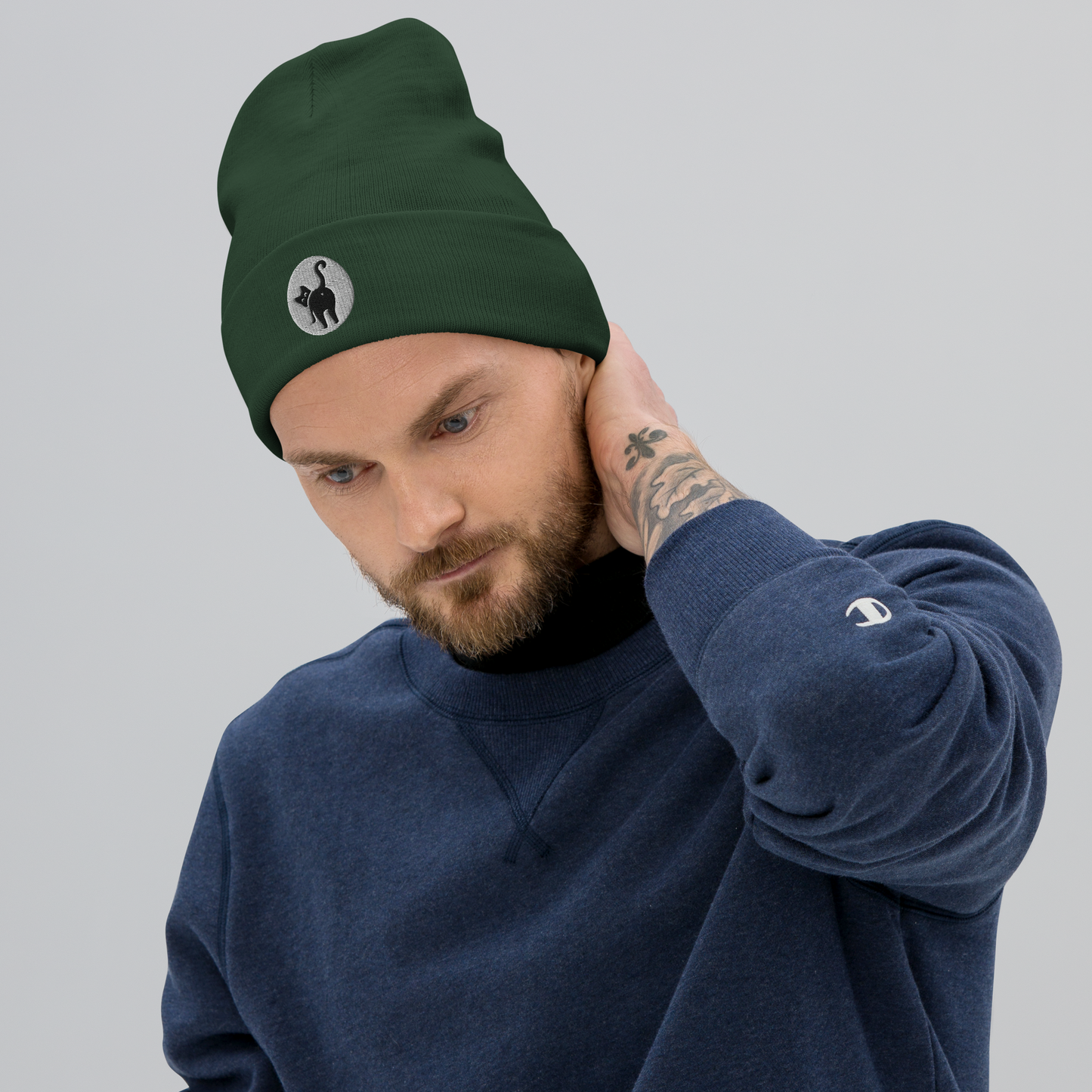 guy in sweat shirt and Cat But Beanie - dark green